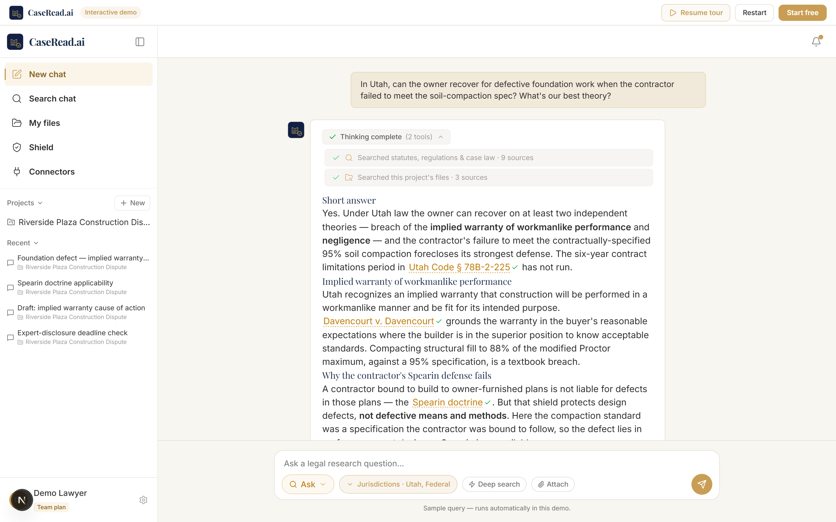 The CaseRead workspace: chat-first legal research with cited answers on the Riverside Plaza example case