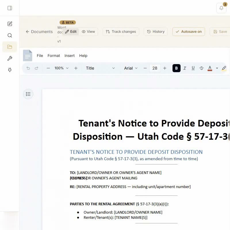 CaseRead’s in-browser Word editor with a tenant’s notice open.